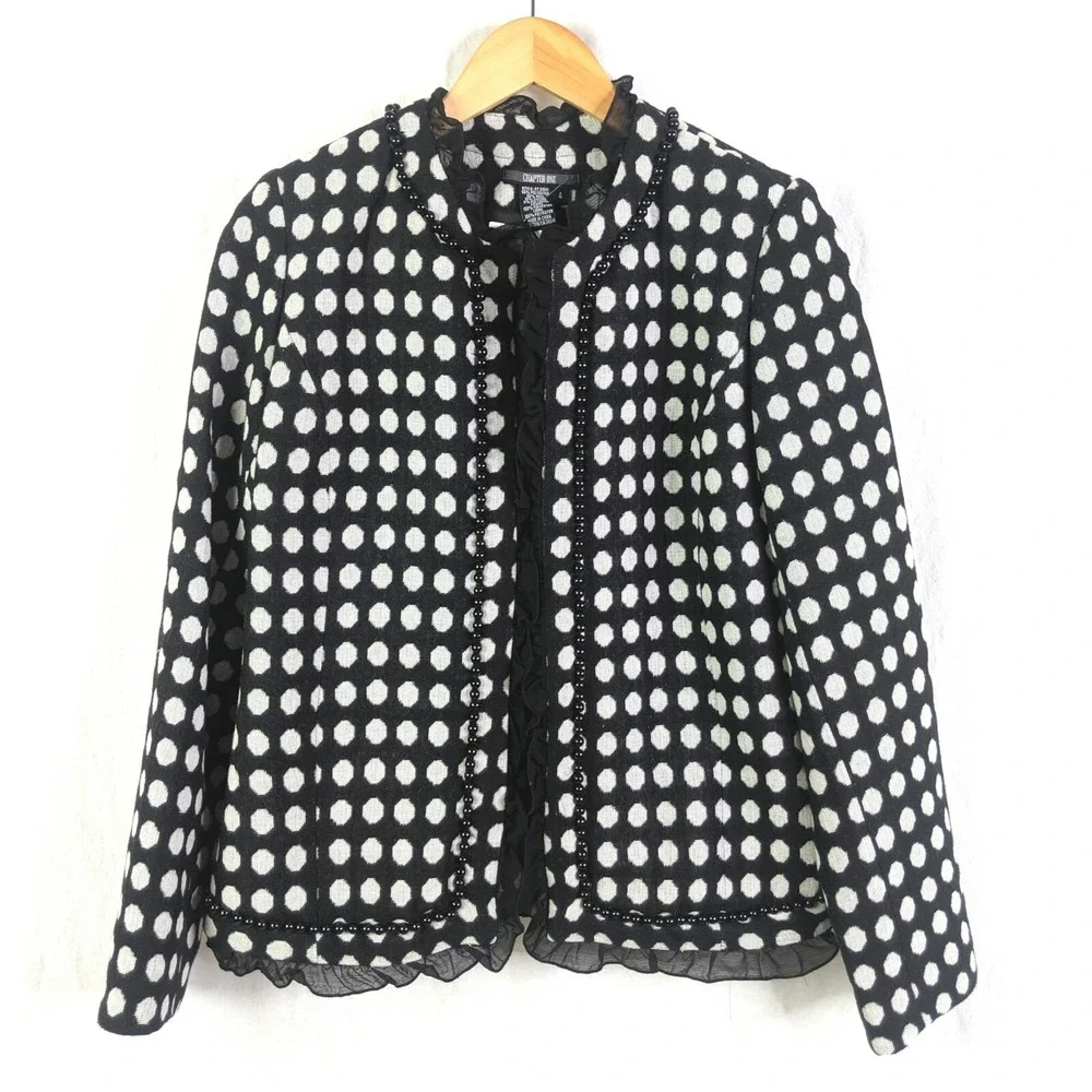 Chapter One Blazer Jacket‎ Womens 4 Black White Polka Dot Business Career Preppy